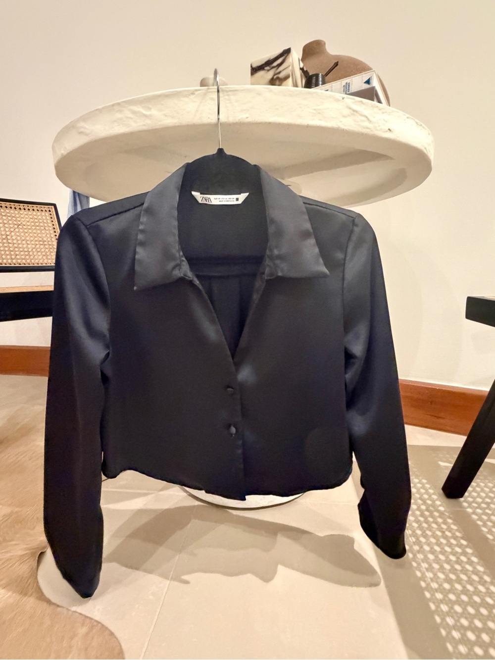 Zara Black Satin Effect Cropped Shirt